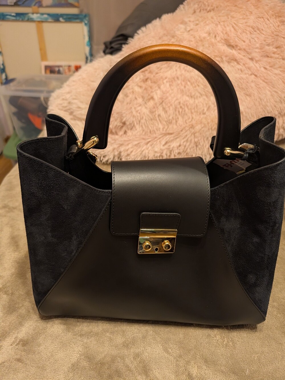 Claudia Firenze Black Structured Top-Wooden Handle Bag with Gold Hardware